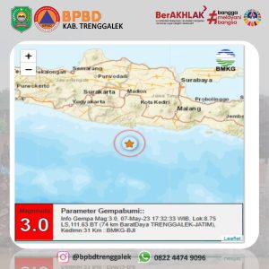 Info Gempa Mag:3.0, 07-May-23 17:32:33 WIB, Lok:8.75 LS,111.63 BT (74 km BaratDaya TRENGGALEK-JATIM), Kedlmn:31 Km ::BMKG-BJI
