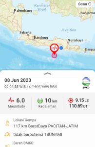 07 Juni 2023. Gempa Bumi di 117 km BaratDaya PACITAN-JATIM