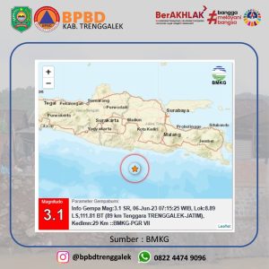 Info Gempa Mag: 3.1, 06-Jun-23 07:15:25 WIB, Lok:8.89 LS,111.81 BT (89 km Tenggara TRENGGALEK-JATIM), Kedlmn:29 Km ::BMKG-PGR VII