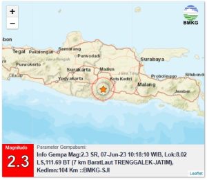 Info Gempa Mag:2.3, 07-Jun-23 10:18:10 WIB, Lok:8.02 LS,111.69 BT (7 km BaratLaut TRENGGALEK-JATIM), Kedlmn:104 Km ::BMKG-SJI