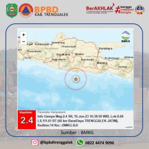 Gempa Mag:2.4, 16-Jun-23 16:38:50 WIB, Lok:8.68 LS,111.61 BT (66 km BaratDaya TRENGGALEK-JATIM), Kedlmn:14 Km ::BMKG-BJI