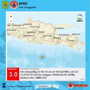 18 Juni 2023. Info Gempa Mag : 3.0 SR, Pukul 10:43:22, Lokasi : 9.23LS, 111.81 BT(127 km Tenggara TRENGGALEK-JATIM)