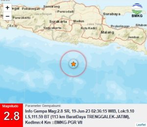 Info Gempa Mag:2.8, 19-Jun-23 02:36:15 WIB, Lok:9.10 LS,111.59 BT (113 km BaratDaya TRENGGALEK-JATIM), Kedlmn:4 Km ::BMKG-PGR VII