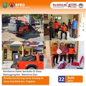 Kamis, 22 Juni 2023. Distribusi Bantuan Logistik ke Desa Gembleb Kec. Pogalan dan Desa Watuagung Kec. Watulimo