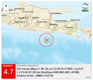 Senin. 26 Juni 2023. GEMPABUMI TEKTONIK M4,7 DIRASAKAN DI KAB. MALANG, JATIM