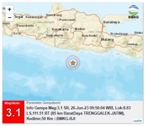 Senin, 26 Juni 2023. Info Gempa Mag:3.1, 26-Jun-23 09:50:04 WIB, Lok:8.83 LS,111.51 BT (85 km BaratDaya TRENGGALEK-JATIM), Kedlmn:50 Km ::BMKG-BJI