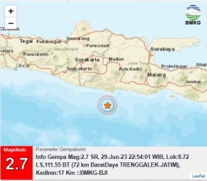 Info Gempa Mag:2.7, 29-Jun-23 22:54:01 WIB, Lok:8.72 LS,111.55 BT (72 km BaratDaya TRENGGALEK-JATIM), Kedlmn:17 Km ::BMKG-BJI