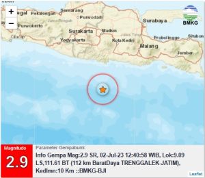 Info Gempa Mag:2.9, 02-Jul-23 12:40:58 WIB, Lok:9.09 LS,111.61 BT (112 km BaratDaya TRENGGALEK-JATIM), Kedlmn:10 Km