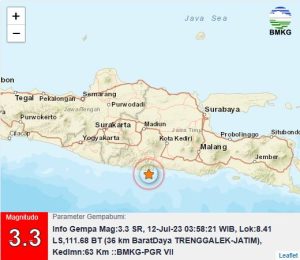Info Gempa Mag:3.3, 12-Jul-23 03:58:21 WIB, Lok:8.41 LS,111.68 BT (36 km BaratDaya TRENGGALEK-JATIM), Kedlmn:63 Km ::BMKG-PGR VII