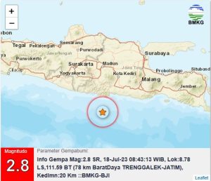 Info Gempa Mag:2.8, 18-Jul-23 08:43:13 WIB, Lok:8.78 LS,111.59 BT (78 km BaratDaya TRENGGALEK-JATIM), Kedlmn:20 Km ::BMKG-BJI