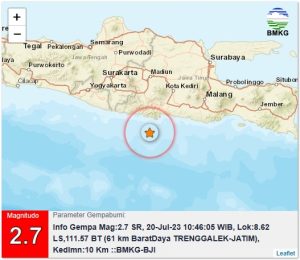 Info Gempa Mag:2.7, 20-Jul-23 10:46:05 WIB, Lok:8.62 LS,111.57 BT (61 km BaratDaya TRENGGALEK-JATIM), Kedlmn:10 Km ::BMKG-BJI