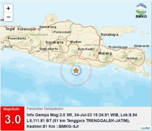 Info Gempa Mag:3.0, 24-Jul-23 15:24:51 WIB, Lok:8.54 LS,111.81 BT (51 km Tenggara TRENGGALEK-JATIM), Kedlmn:81 Km ::BMKG-SJI