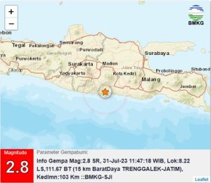 Senin, 31 Juli 2023. Info Gempa Mag:2.8, 31-Jul-23 11:47:18 WIB, Lok:8.22 LS,111.67 BT (15 km BaratDaya TRENGGALEK-JATIM), Kedlmn:103 Km ::BMKG-SJI