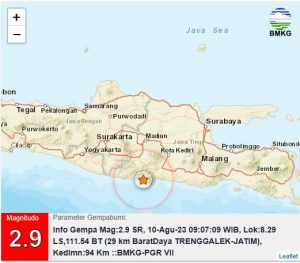 Rabu, 10 Agustus 2023. Info Gempa Mag:2.9, 10-Agu-23 09:07:09 WIB, Lok:8.29 LS,111.54 BT (29 km BaratDaya TRENGGALEK-JATIM), Kedlmn:94 Km ::BMKG-PGR VIIRabu, 10 Agustus 2023.