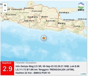Info Gempa Mag:2.9, 05-Sep-23 02:29:21 WIB, Lok:8.86 LS,111.73 BT (86 km Tenggara TRENGGALEK-JATIM), Kedlmn:22 Km ::BMKG-PGR VII