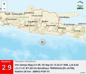 Info Gempa Mag:2.9, 05-Sep-23 12:34:37 WIB, Lok:8.82 LS,111.61 BT (82 km BaratDaya TRENGGALEK-JATIM), Kedlmn:28 Km ::BMKG-PGR VII