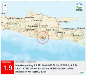 Info Gempa Mag:1.9, 16-Oct-23 00:26:13 WIB, Lok:8.24 LS,111.67 BT (17 km BaratDaya TRENGGALEK-JATIM), Kedlmn:57 Km ::BMKG-KRK