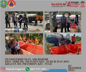3 Oktober 2023. Pendistribusian Air bersih di Ds. Prambon, Dsn Krajan, Kec. Tugu dan Dsn, miri, Ds. Mlinjon Kec. Suruh