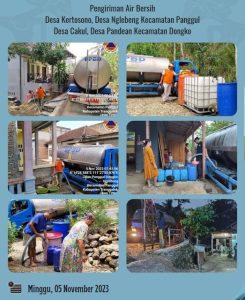 Minggu, 05 November 2023. Distribusi Air Bersih di RT 05 Dsn. Slorok Ds. Nglebeng Kec. Panggul, RT 22, 23 Dsn. Nanggungan Ds. Kertosono Kec. Panggul dan RT 28, 29, 31 Dsn. Nglaran Ds. Cakul, RT 01, 02 Ds. Pandean Kec. Dongko