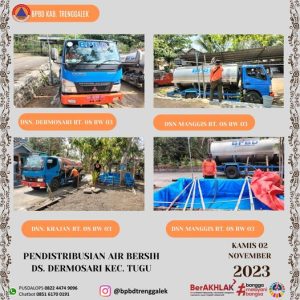 Kamis, 2 November 2023 BPBD Trenggalek melakukan pendistribusian air bersih di Ds. Dermosari Kec. Tugu