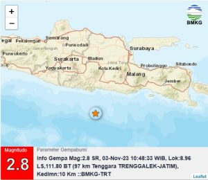 Info Gempa Mag:2.8, 03-Nov-23 10:48:33 WIB, Lok:8.96 LS,111.80 BT (97 km Tenggara TRENGGALEK-JATIM), Kedlmn:10 Km ::BMKG-TRT