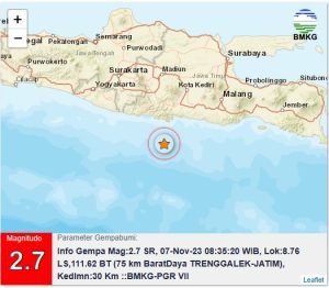 Info Gempa Mag:2.7, 07-Nov-23 08:35:20 WIB, Lok:8.76 LS,111.62 BT (75 km BaratDaya TRENGGALEK-JATIM), Kedlmn:30 Km ::BMKG-PGR VII