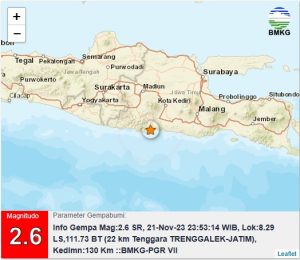 Info Gempa Mag:2.6, 21-Nov-23 23:53:14 WIB, Lok:8.29 LS,111.73 BT (22 km Tenggara TRENGGALEK-JATIM), Kedlmn:130 Km ::BMKG-VII