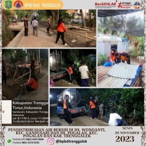Pendistribusian air bersih di Dsn. Kedekan, Ds. Wonoanti, Kec. Gandusari dan Dsn. Secang, Ds. Pogalan, Kec. Pogalan Kab. Trenggalek, Senin 20 November 2023.