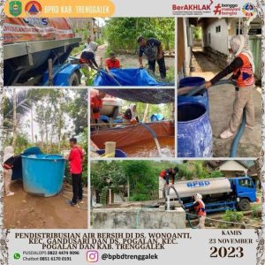 Kamis, 23 November 2023, BPBD Trenggalek melaksanakan giat pendistribusian air bersih untuk warga yang terdampak kekeringan di Ds. Wonoanti Kec. Gandusari dan Ds. Pogalan Kec. Pogalan.