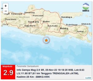 Info Gempa Mag:2.9, 25-Nov-23 19:18:25 WIB, Lok:8.63 LS,111.80 BT (61 km Tenggara TRENGGALEK-JATIM), Kedlmn:25 Km ::BMKG-KRK