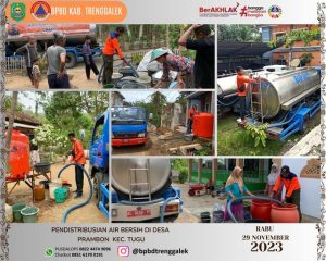 Pendistribusian air bersih oleh BPBD Kab. Trenggalek di Wilayah terdampak kekeringan Ds. Prambon Kec. Tugu Rabu, 29 November 2023.