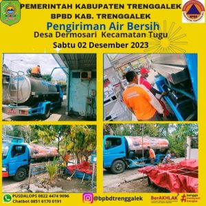 Sabtu, 2 Desember 2023, BPBD Kab. Trenggalek melakukan Pendistribusian air bersih di Wilayah terdampak kekeringan Ds. Dermosari Kec. Tugu.