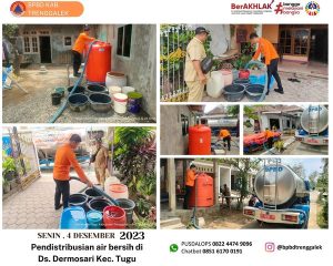 Senin, 2 Desember 2023, BPBD Kab. Trenggalek melakukan Pendistribusian air bersih di Wilayah terdampak kekeringan Ds. Dermosari Kec. Tugu. dan Ds. Tanggaran Kec. Pule