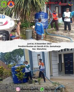 Jumat, 8 Desember 2023. Pendistribusian air bersih untuk membantu warga yang terdampak kekeringan di Ds. Gemaharjo, Kec. Watulimo, Kab. Trenggalek