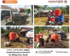 Sabtu, 9 Desember 2023 BPBD Kab Trenggalek melakukan pendistribusian air bersih di wilayah terdampak kekeringan di Ds Mlinjon Kec Suruh