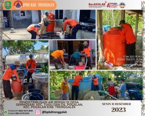 BPBD Kab. Trenggalek melaksanakan pendistribusian air bersih di Ds. Pogalan Kec. Pogalan dan Ds. Dermosari Kec. Tugu pada Senin, 11 Desember 2023
