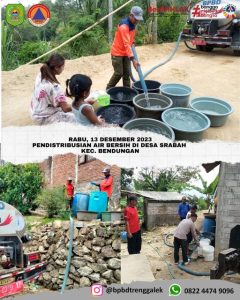 Rabu, 13 Desember 2023 BPBD Kab.Trenggalek melakukan pendistribusian air bersih di wilayah terdampak kekeringan di Desa Srabah Kecamatan Bendungan