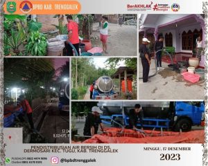 Pendistribusian air bersih di wilayah terdampak kekeringan RT 04 RW 01, RT 07,08 RW 03 Ds. Dermosari Kec. Tugu, Minggu 17 Desember 2023.