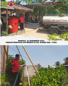 Minggu, 24 Desember 2023 BPBD Kabupaten Trenggalek melakukan giat pendistribusian air bersih di Ds. Duren dan Ds. Dermosari Kec. Tugu.