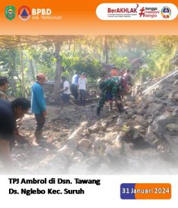 Rabu, 31 Januari 2024. Pembersihan dan Penanganan Tanah Longsor di RT.07 RW. 02 Dsn. Tawang, Ds. Nglebo Kec. Suruh Kab. Trenggalek