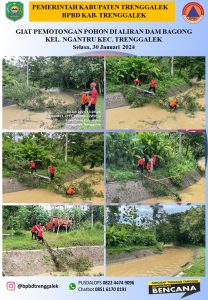 Selasa, 30 Januari 2024 BPBD Kabupaten Trenggalek melakukan giat penanganan pohon roboh di DAS Bagong Kel. Ngantru Kec. Trenggalek