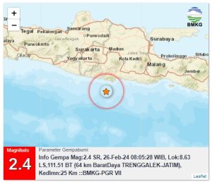 Info Gempa Mag:2.4, 26-Feb-24 08:05:28 WIB, Lok:8.63 LS,111.51 BT (64 km BaratDaya TRENGGALEK-JATIM), Kedlmn:25 Km ::BMKG-PGR VII