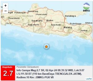 Info Gempa Mag:2.7, 02-Apr-24 08:39:32 WIB, Lok:9.07 LS,111.58 BT (110 km BaratDaya TRENGGALEK-JATIM), Kedlmn:10 Km ::BMKG-PGR VII