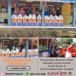 Jum’at, 5 April 2024 BPBD Kab. Trenggalek menyalurkan bantuan paket sembako untuk 10 KK yang terdampak Bencana Tanah Gerak di Desa Pandean Kec. Dongko