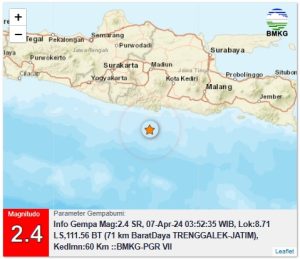 Info Gempa Mag:2.4, 07-Apr-24 03:52:35 WIB, Lok:8.71 LS,111.56 BT (71 km BaratDaya TRENGGALEK-JATIM), Kedlmn:60 Km ::BMKG-PGR VII