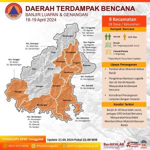 Update Minggu, 21 April 2024 pukul 22.00 WIB. Berikut Daerah terdampak bencana Banjir Luapan dan Tanah Longsor tanggal 18 – 19 April 2024