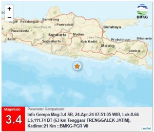 Info Gempa Mag:3.4, 24-Apr-24 07:51:05 WIB, Lok:8.66 LS,111.74 BT (63 km Tenggara TRENGGALEK-JATIM), Kedlmn:21 Km ::BMKG-PGR VII