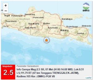 Info Gempa Mag:2.5, 07-May-24 00:14:08 WIB, Lok:8.51 LS,111.79 BT (47 km Tenggara TRENGGALEK-JATIM), Kedlmn:105 Km ::BMKG-PGR VII
