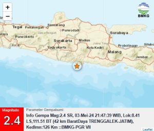 Info Gempa Mag:2.4, 03-Mei-24 21:47:39 WIB, Lok:8.41 LS,111.51 BT (42 km BaratDaya TRENGGALEK-JATIM), Kedlmn:126 Km ::BMKG-PGR VII