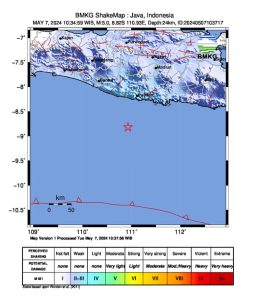 Info Gempa Mag:5.0, 07-Mei-24 10:34:59 WIB, Lok:8.82 LS,110.93 BT (73 km BaratDaya PACITAN-JATIM), Kedlmn:24 Km ::BMKG